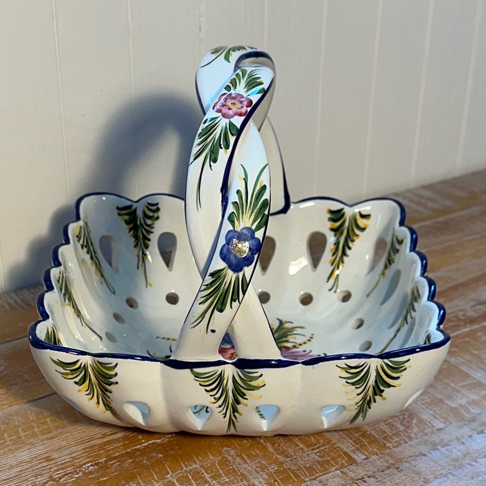 Large Vintage Hand-painted Ceramic Basket